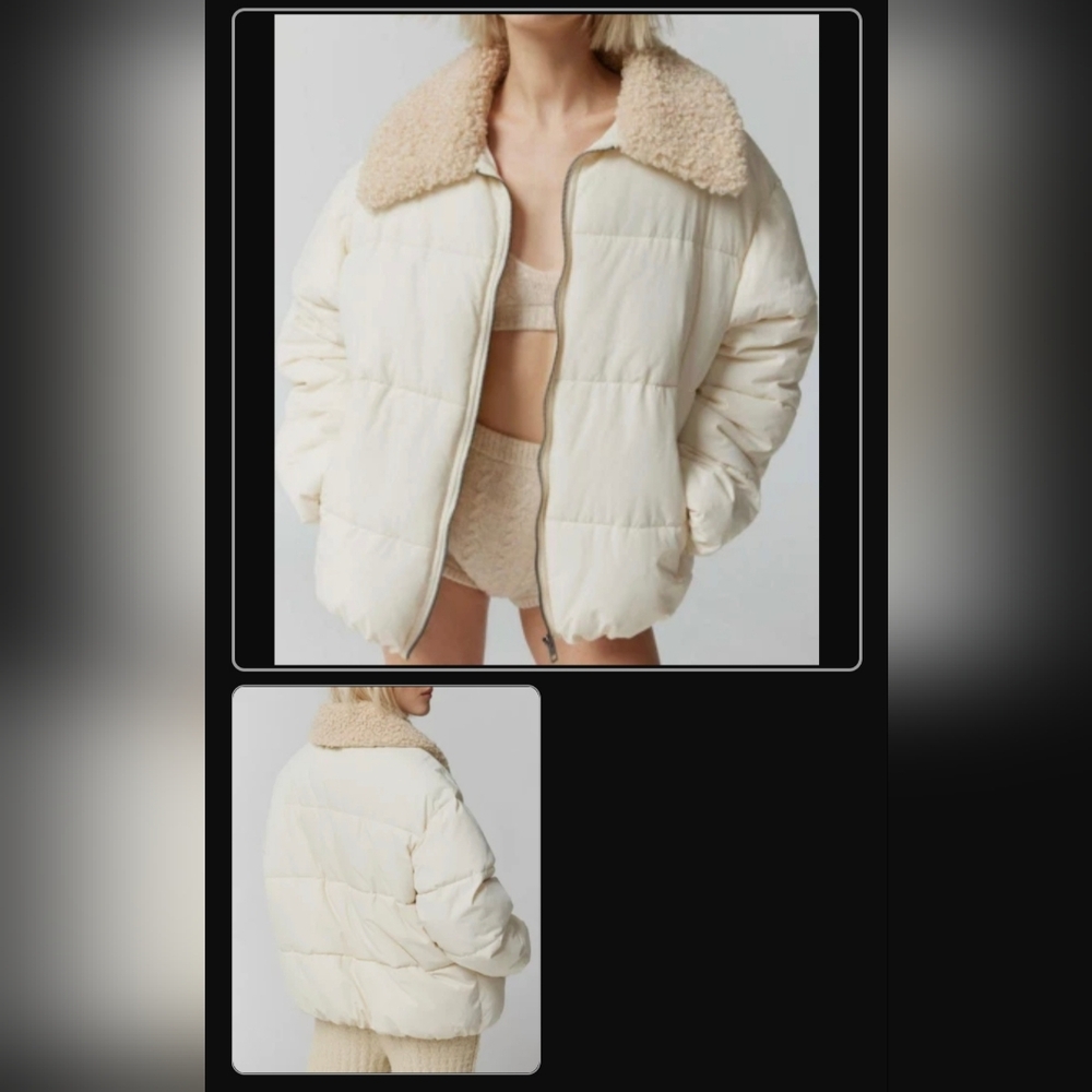 Urban Outfitters Cream Puffer Jacket with Faux Shearling Collar